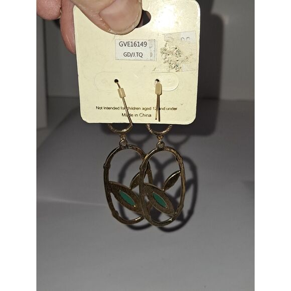 Artsy G Open Wire Dangle/Drop Earrings Green Cabochon Nature Gold Tone - Picture 6 of 8